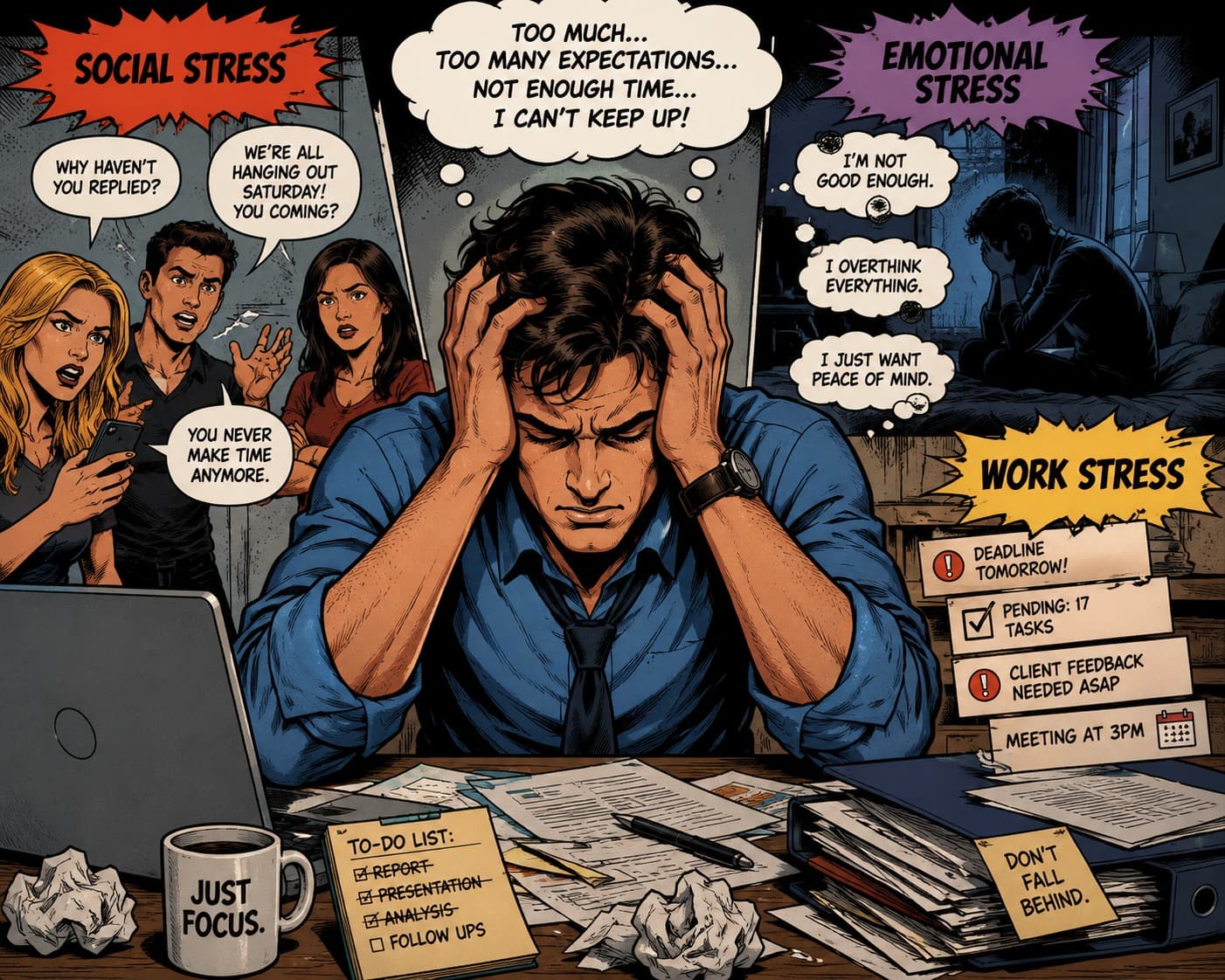 The weight of stress — social, emotional, and work pressures overwhelming a person
